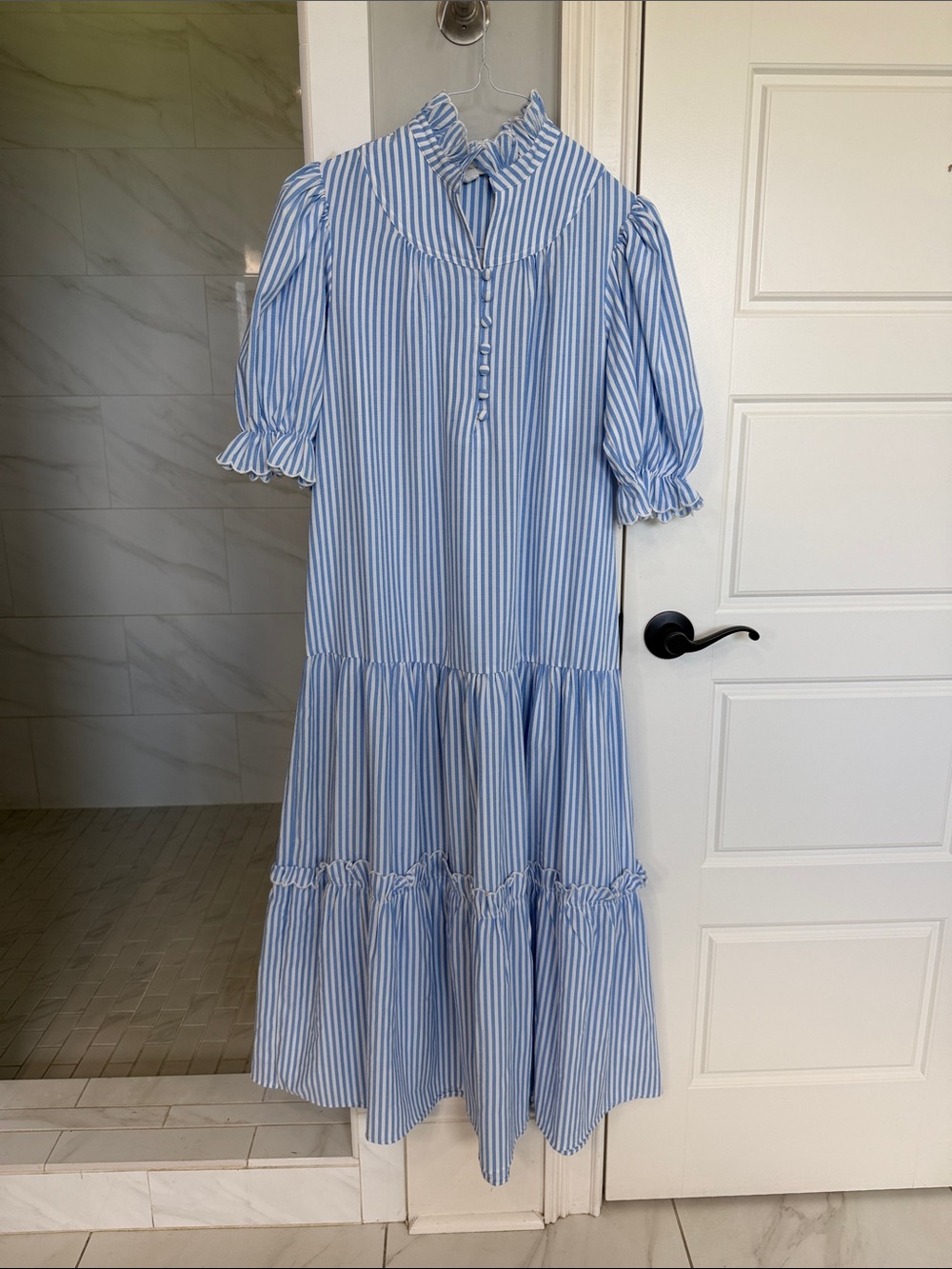Pomander Place Blue & White Striped Ruffled Collar Midi Dress Tuckernuck